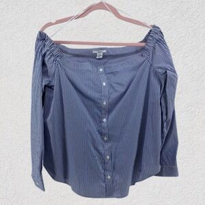 Bar III Off Shoulder Blouse Women XL Blue White Stripe Bell Sleeve Top Coastal